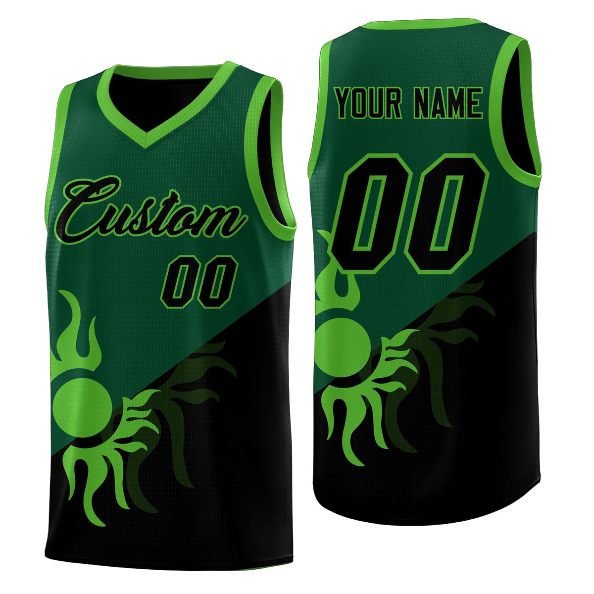 Custom Youth Basketball Jerseys - Kelly Green Black Radiant Sun Design Two Tone Uniforms