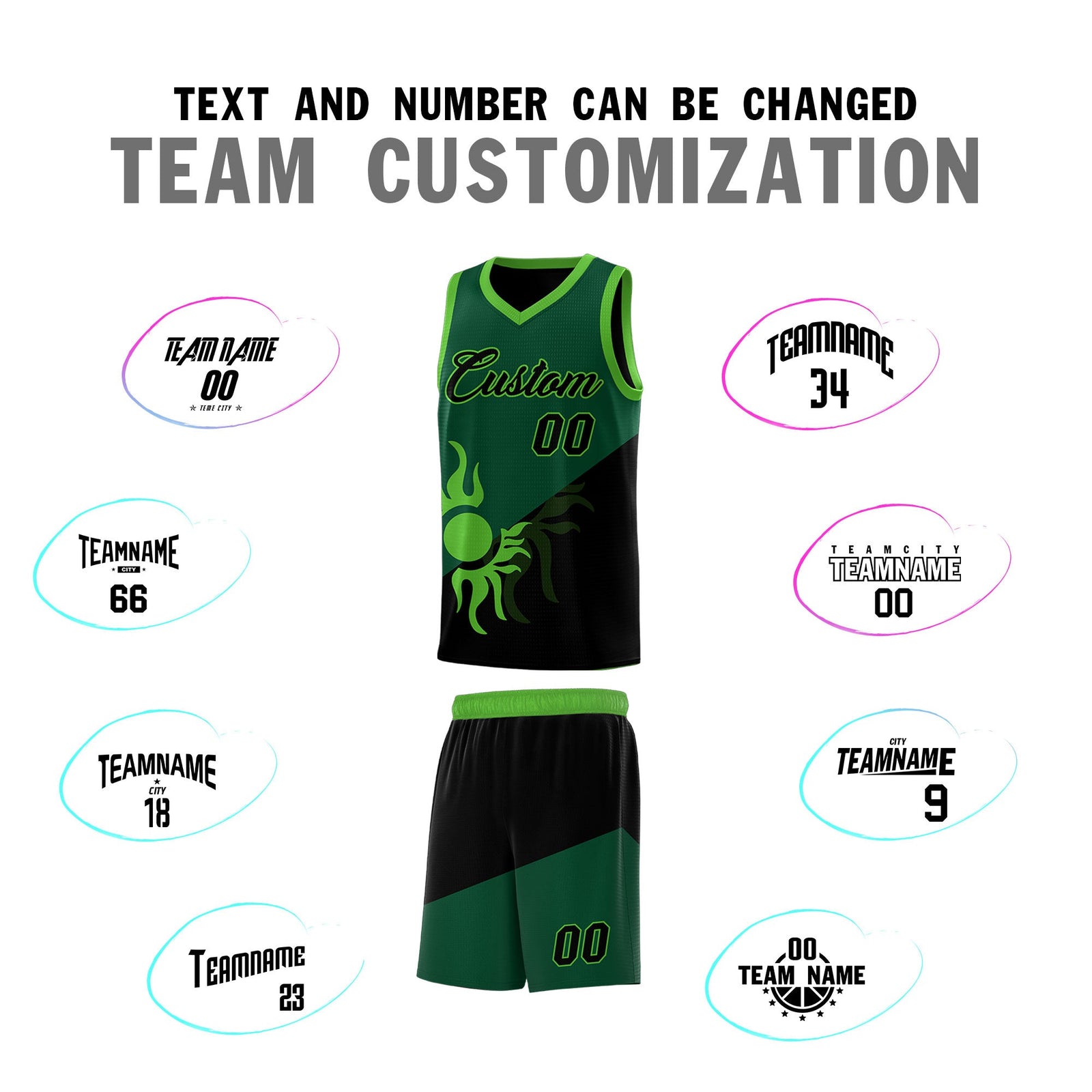 Custom Youth Basketball Jerseys - Kelly Green Black Radiant Sun Design Two Tone Uniforms
