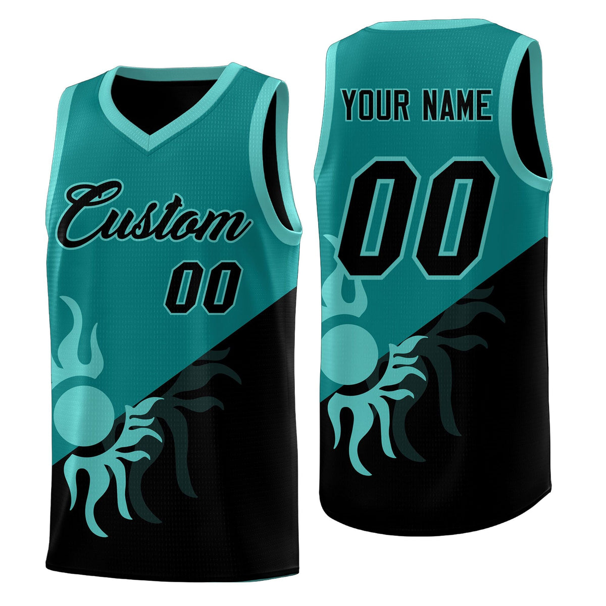 Custom Youth Basketball Jerseys - Teal Black Sunburst Design Two Tone Uniforms