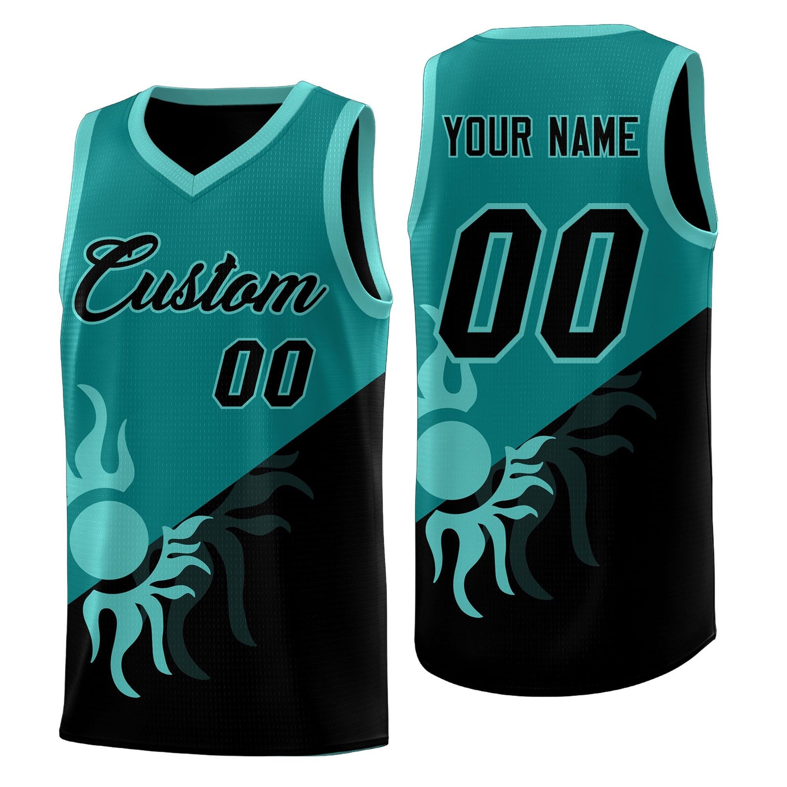Custom Youth Basketball Jerseys - Teal Black Sunburst Design Two Tone Uniforms