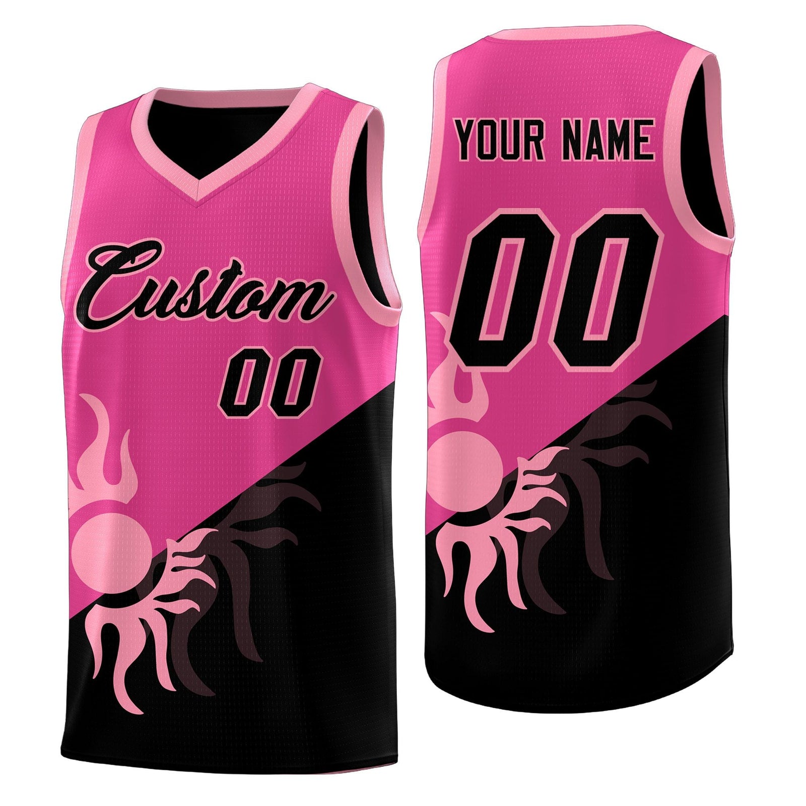 Custom Youth Basketball Jerseys - Rose Red Black Radiant Sun Design Two Tone Uniforms