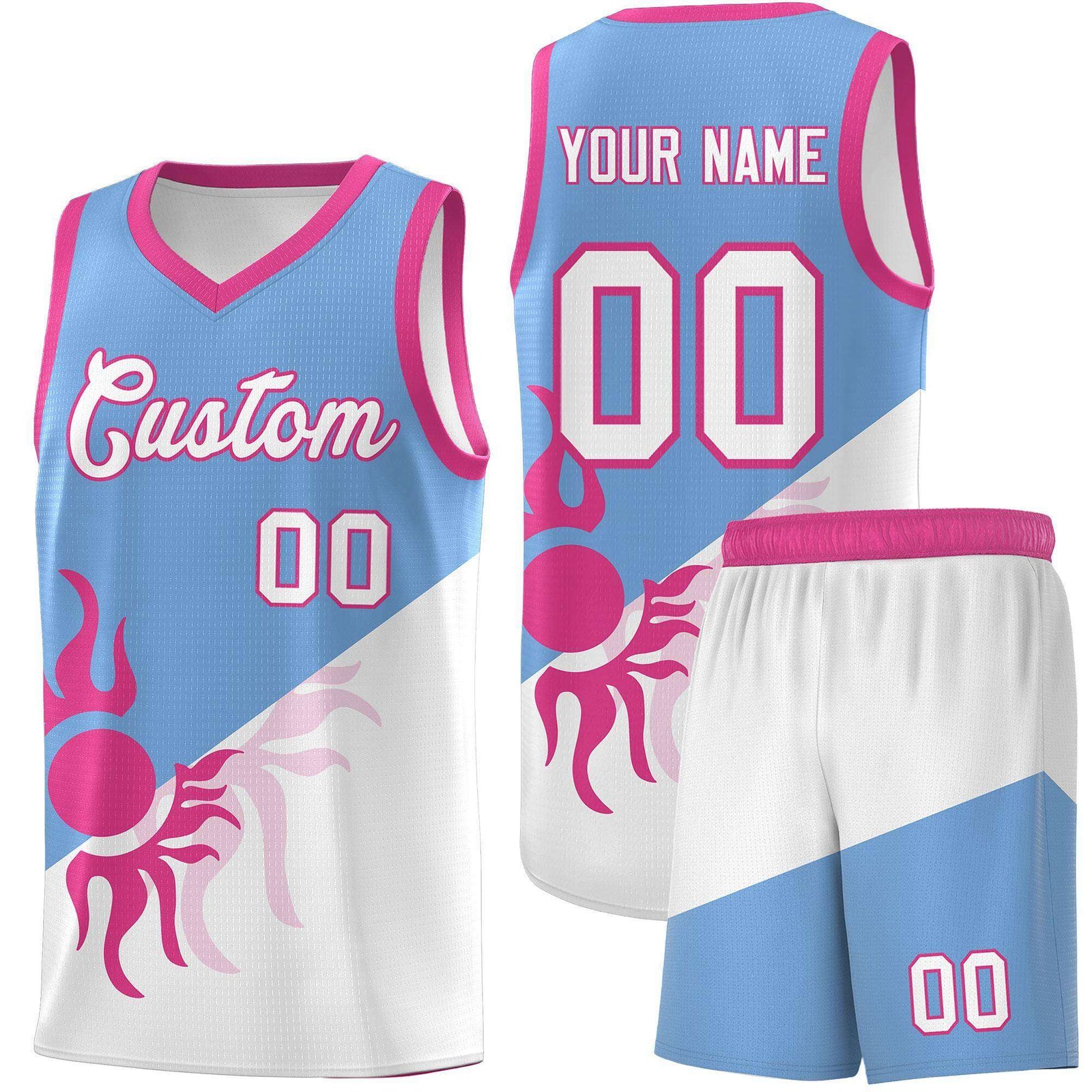 Custom Youth Basketball Jerseys - Powder Blue White Sunburst Design Two Tone Uniforms