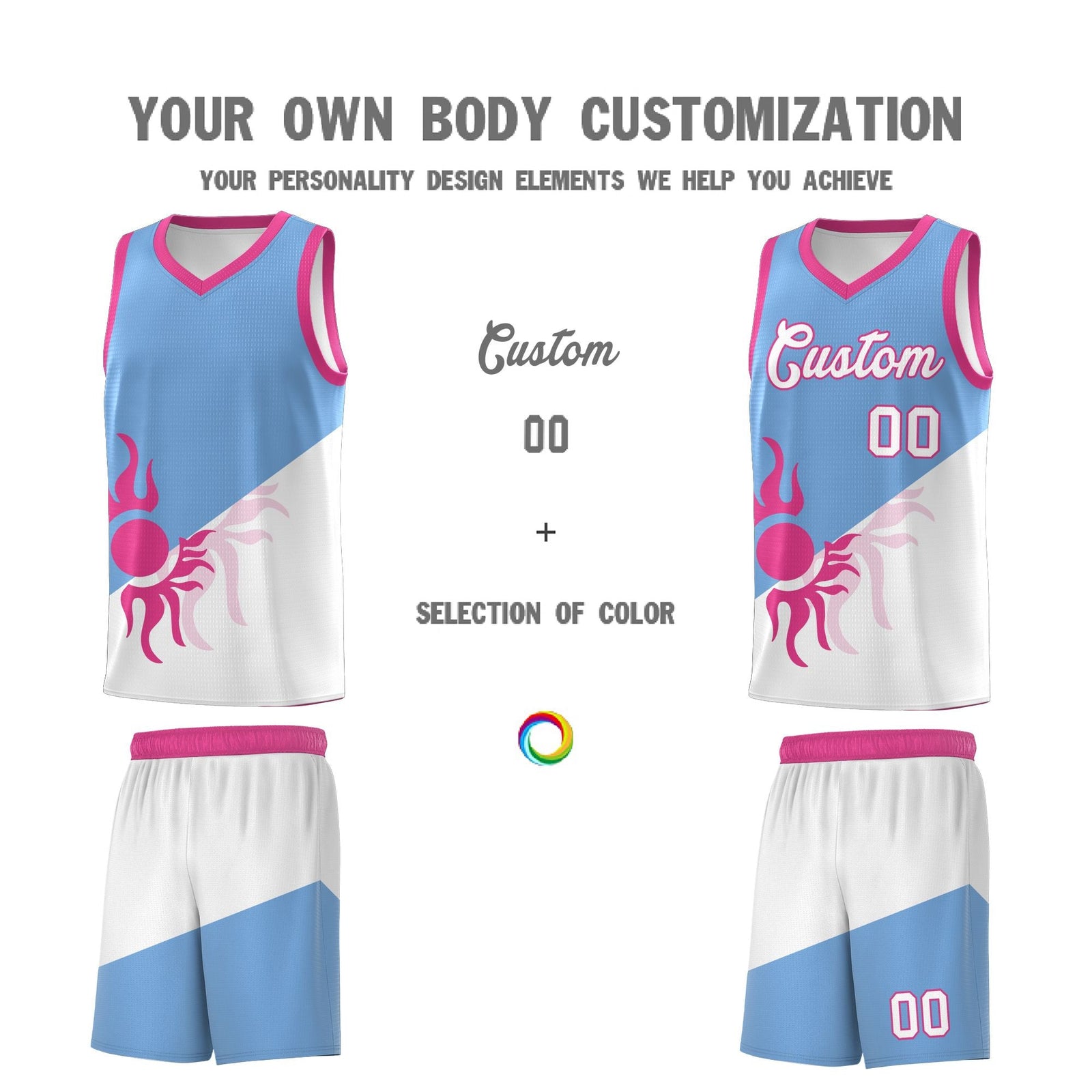 Custom Youth Basketball Jerseys - Powder Blue White Sunburst Design Two Tone Uniforms