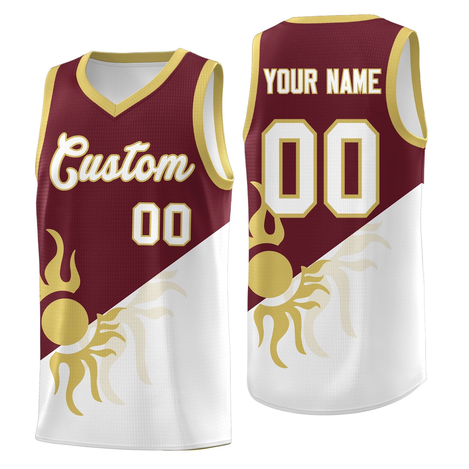 Custom Youth Basketball Jerseys - Burgundy White Sunburst Design Two Tone Uniforms