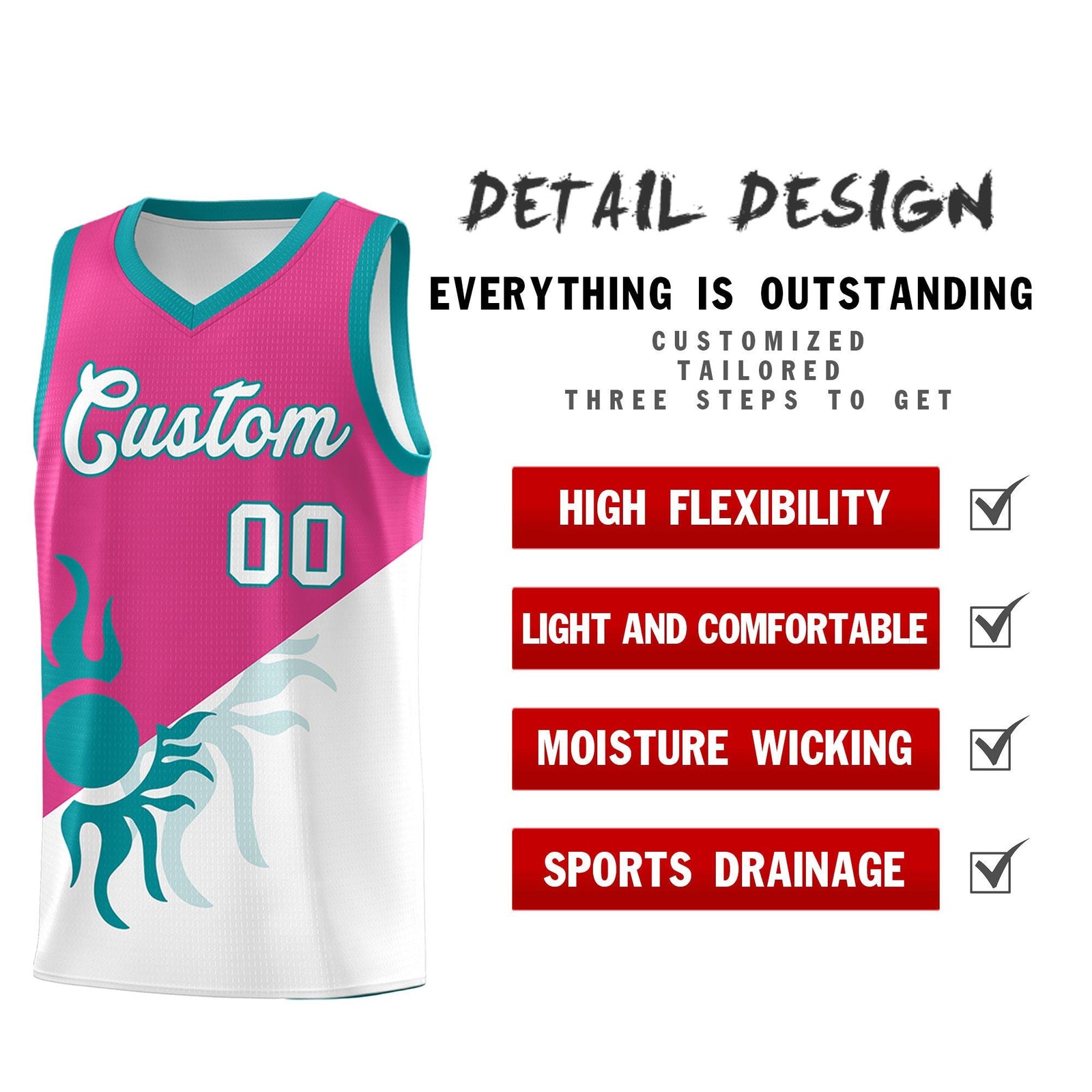Custom Youth Basketball Jerseys - Rose Red White Radiant Sun Design Two Tone Uniforms