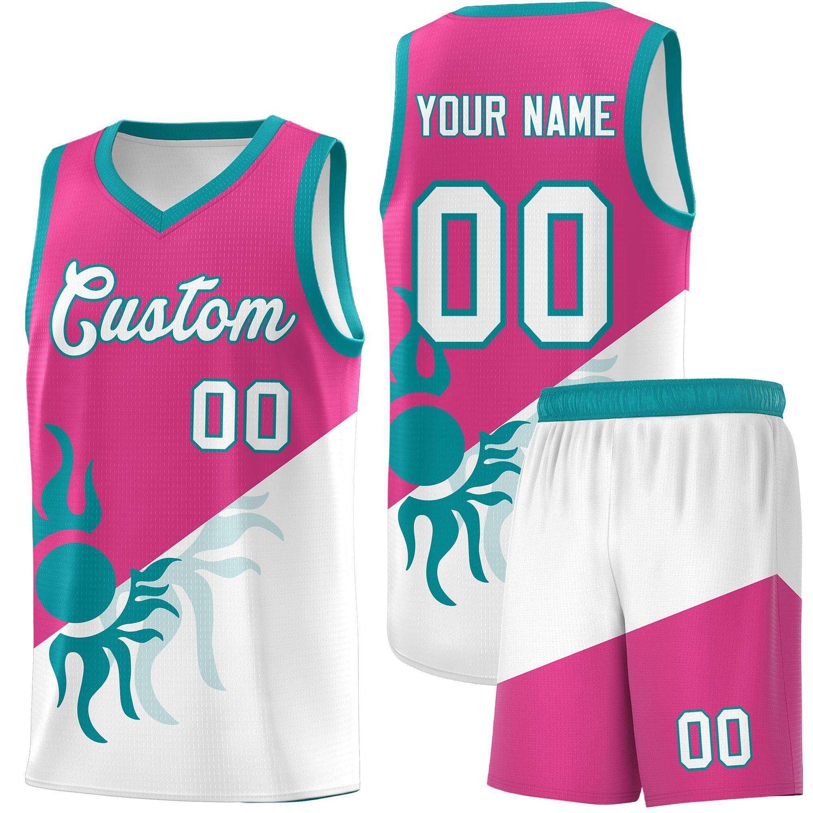Custom Youth Basketball Jerseys - Rose Red White Radiant Sun Design Two Tone Uniforms