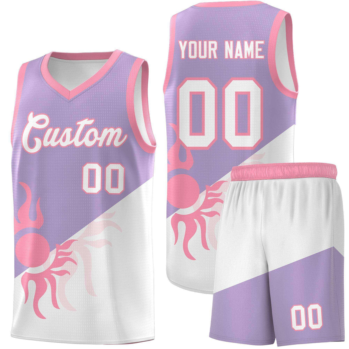 Custom Youth Basketball Jerseys - Light Purple White Radiant Sun Design Two Tone Uniforms