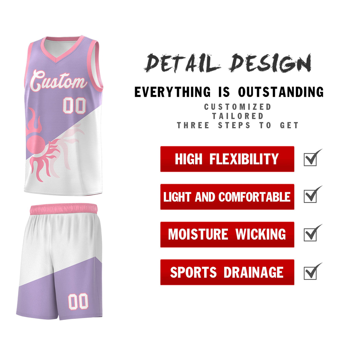 Custom Youth Basketball Jerseys - Light Purple White Radiant Sun Design Two Tone Uniforms
