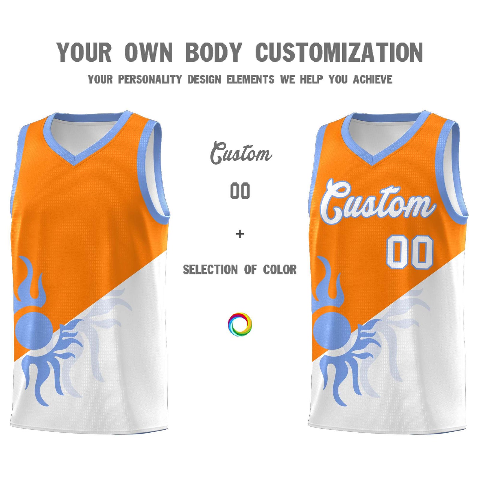 Custom Youth Basketball Jerseys - Orange White Radiant Sun Design Two Tone Uniforms