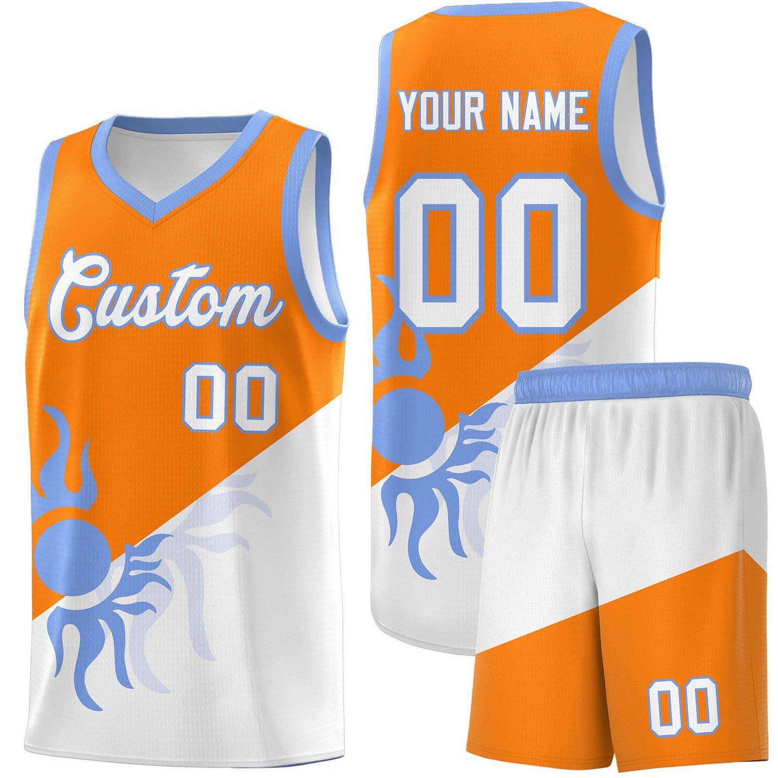Custom Youth Basketball Jerseys - Orange White Radiant Sun Design Two Tone Uniforms