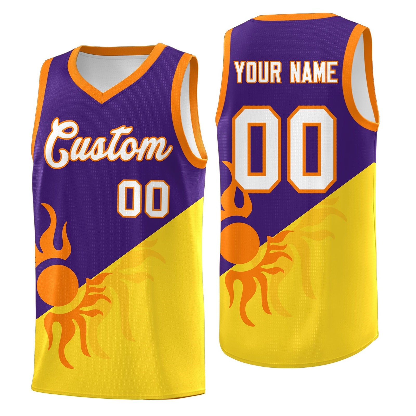 Custom Youth Basketball Jerseys - Purple Gold Radiant Sun Design Two Tone Uniforms