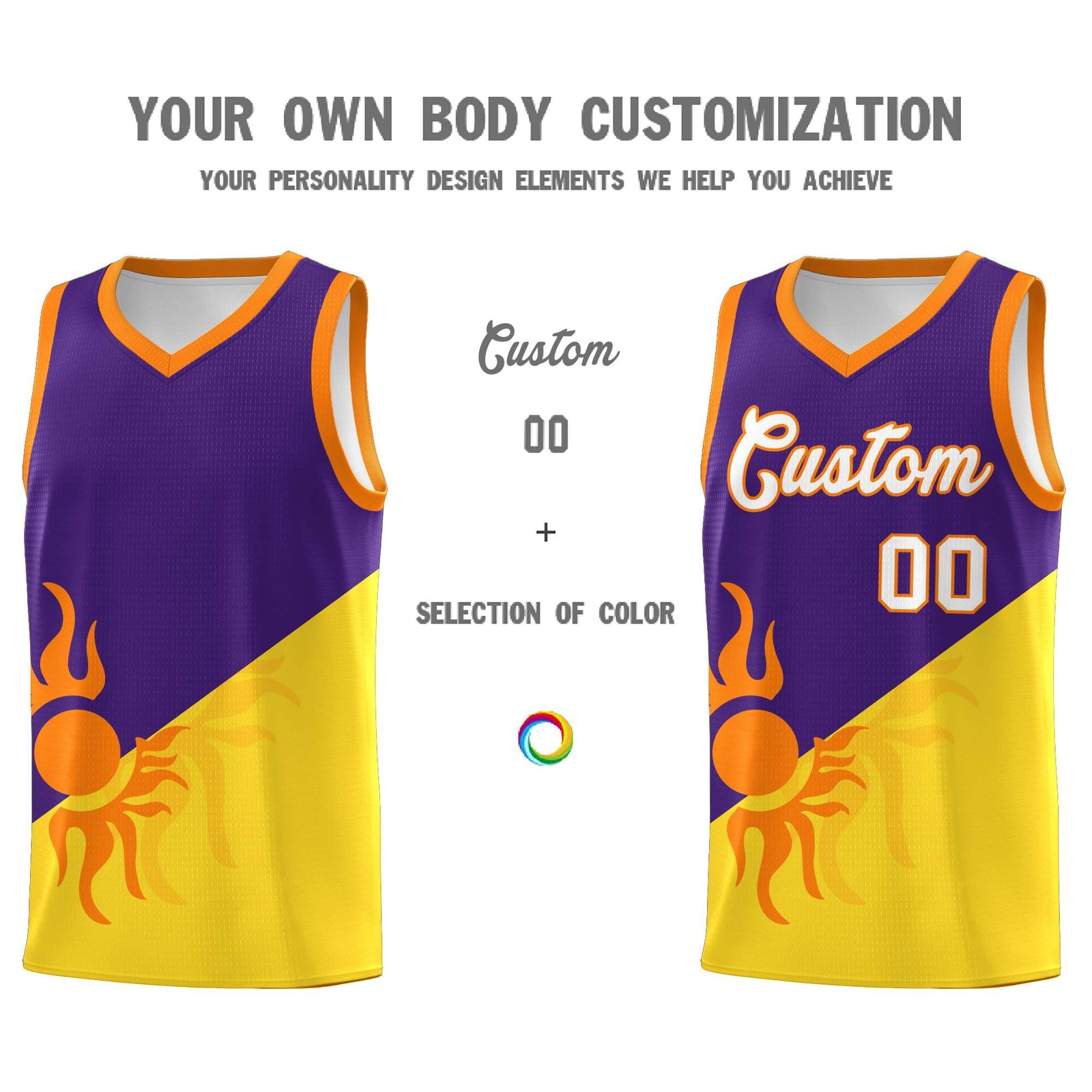 Custom Youth Basketball Jerseys - Purple Gold Radiant Sun Design Two Tone Uniforms
