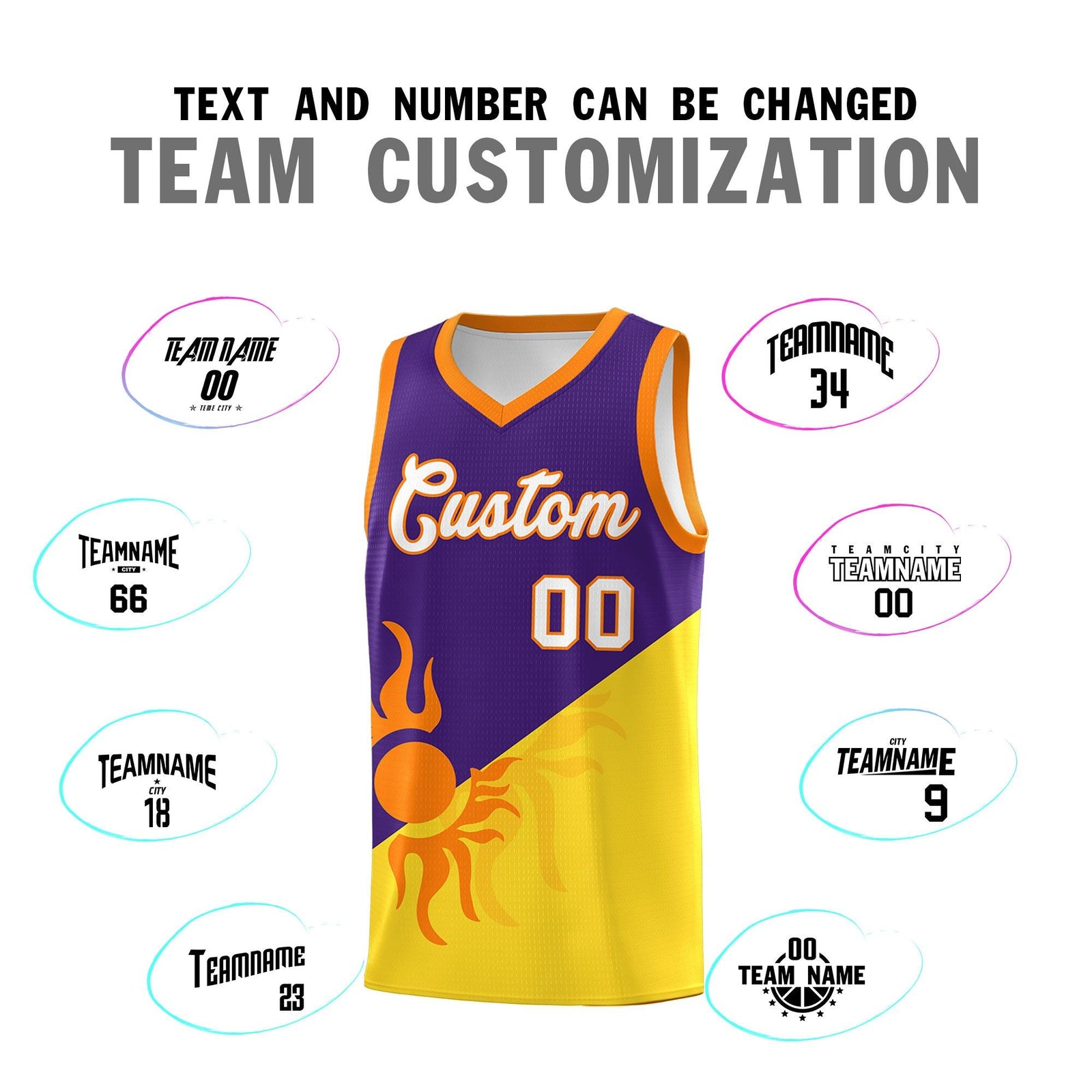 Custom Youth Basketball Jerseys - Purple Gold Radiant Sun Design Two Tone Uniforms