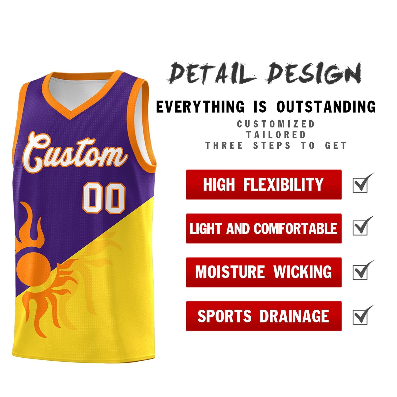Custom Youth Basketball Jerseys - Purple Gold Radiant Sun Design Two Tone Uniforms