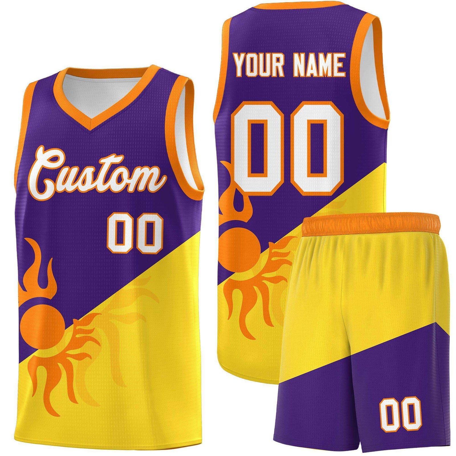 Custom Youth Basketball Jerseys - Purple Gold Radiant Sun Design Two Tone Uniforms
