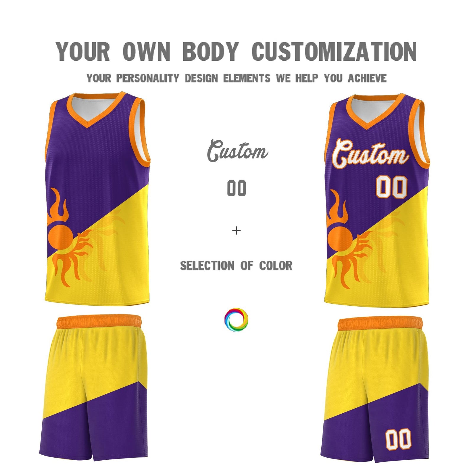 Custom Youth Basketball Jerseys - Purple Gold Radiant Sun Design Two Tone Uniforms