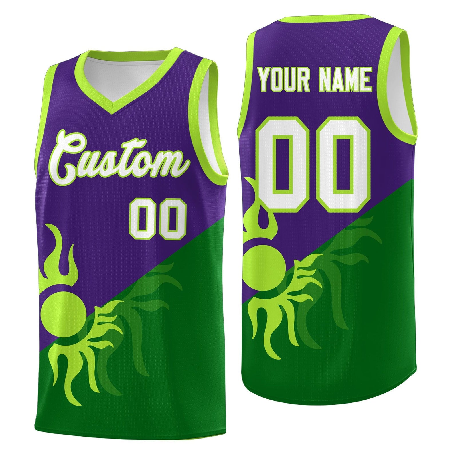 Custom Youth Basketball Jerseys - Purple Kelly Green Sunburst Design Two Tone Uniforms
