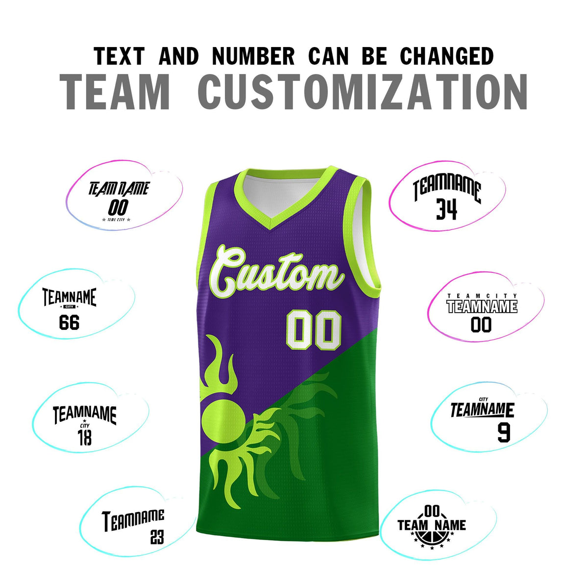 Custom Youth Basketball Jerseys - Purple Kelly Green Sunburst Design Two Tone Uniforms