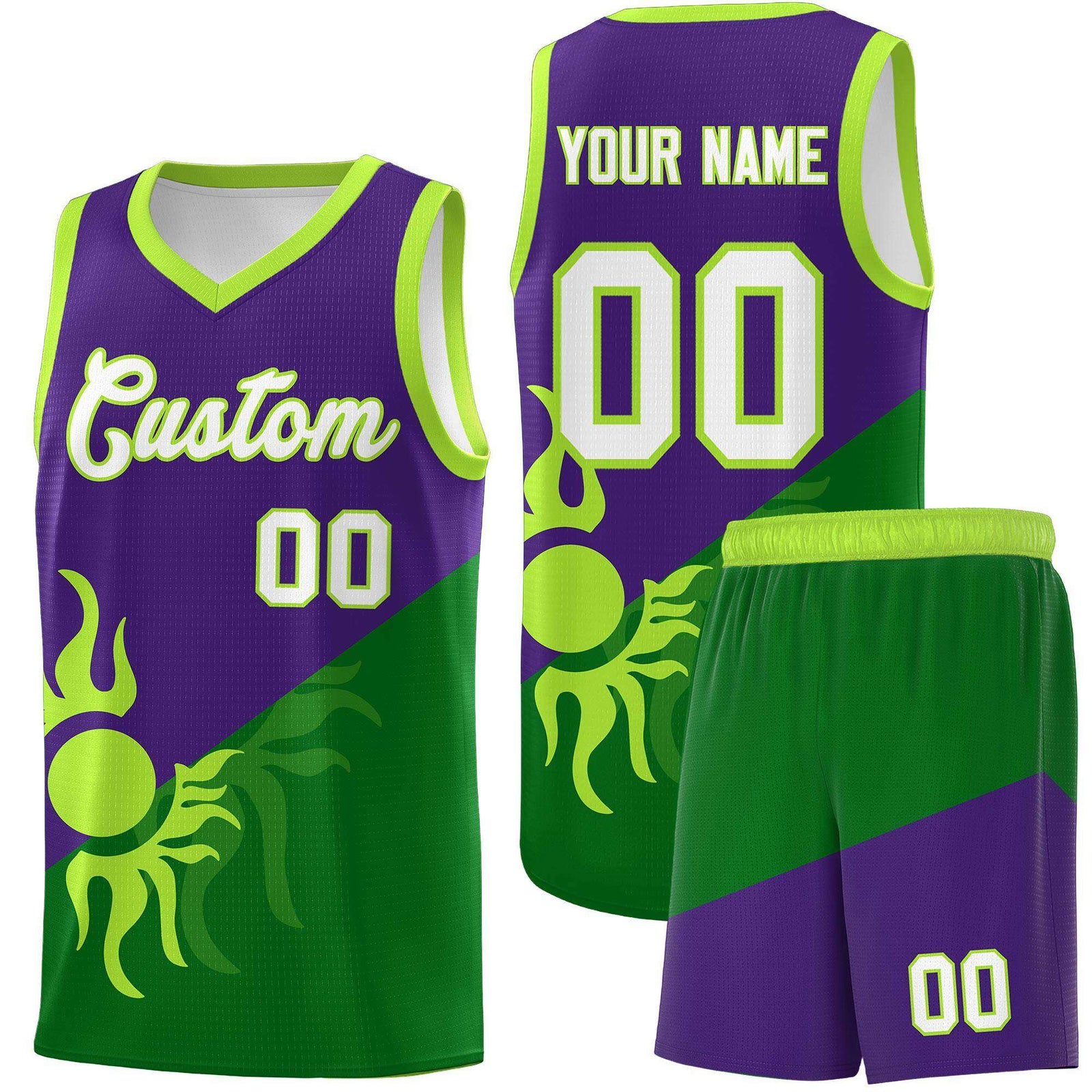 Custom Youth Basketball Jerseys - Purple Kelly Green Sunburst Design Two Tone Uniforms