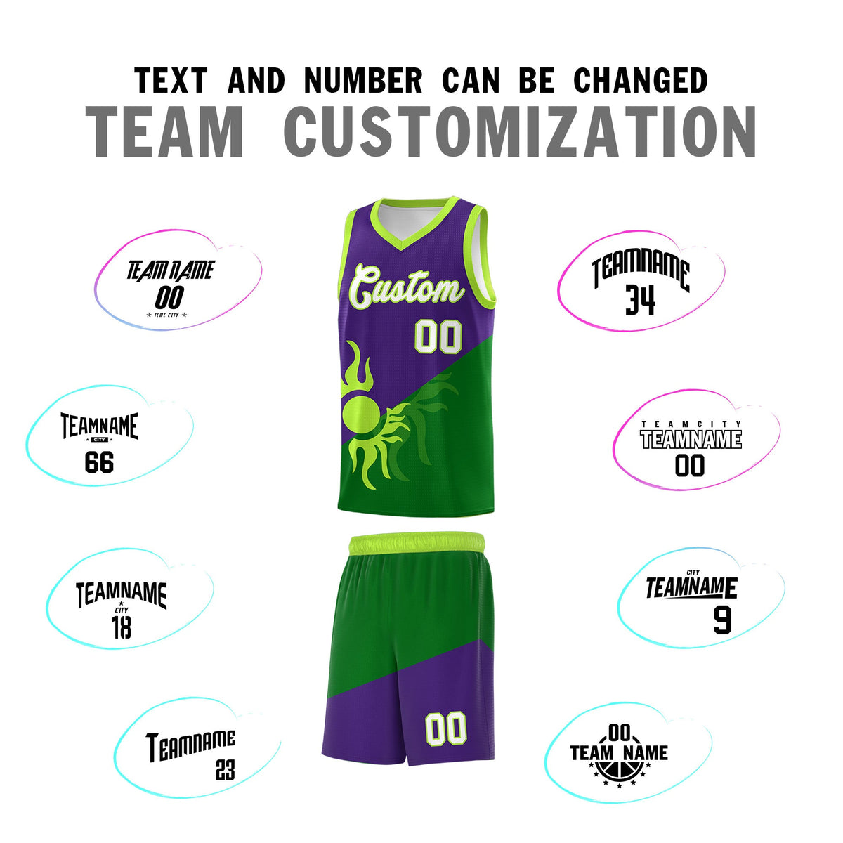 Custom Youth Basketball Jerseys - Purple Kelly Green Sunburst Design Two Tone Uniforms