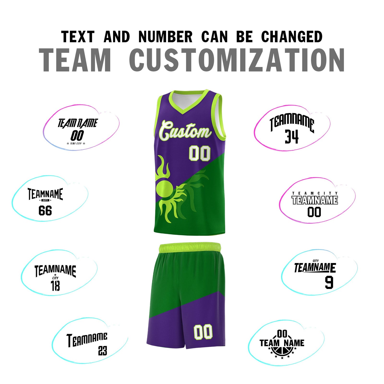 Custom Youth Basketball Jerseys - Purple Kelly Green Sunburst Design Two Tone Uniforms