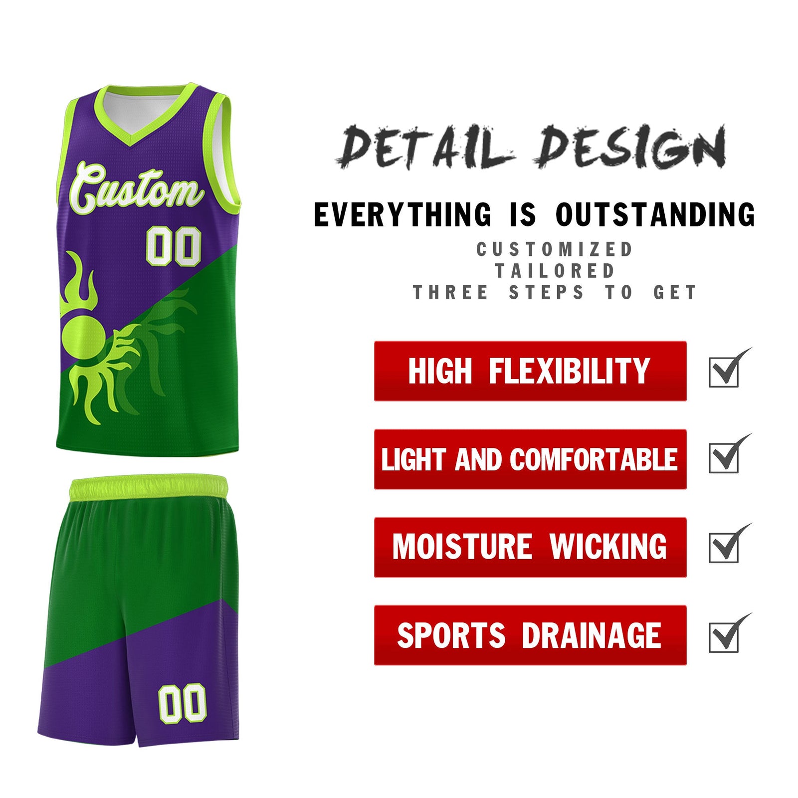 Custom Youth Basketball Jerseys - Purple Kelly Green Sunburst Design Two Tone Uniforms