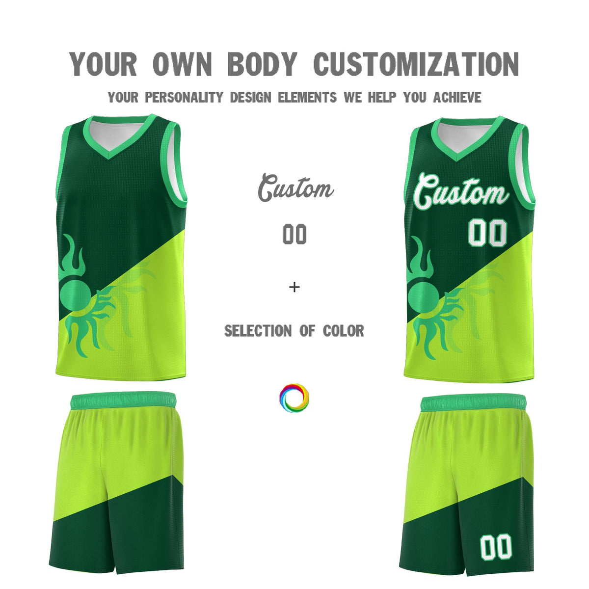 Custom Youth Basketball Jerseys - Kelly Green Neon Green Radiant Sun Design Two Tone Uniforms