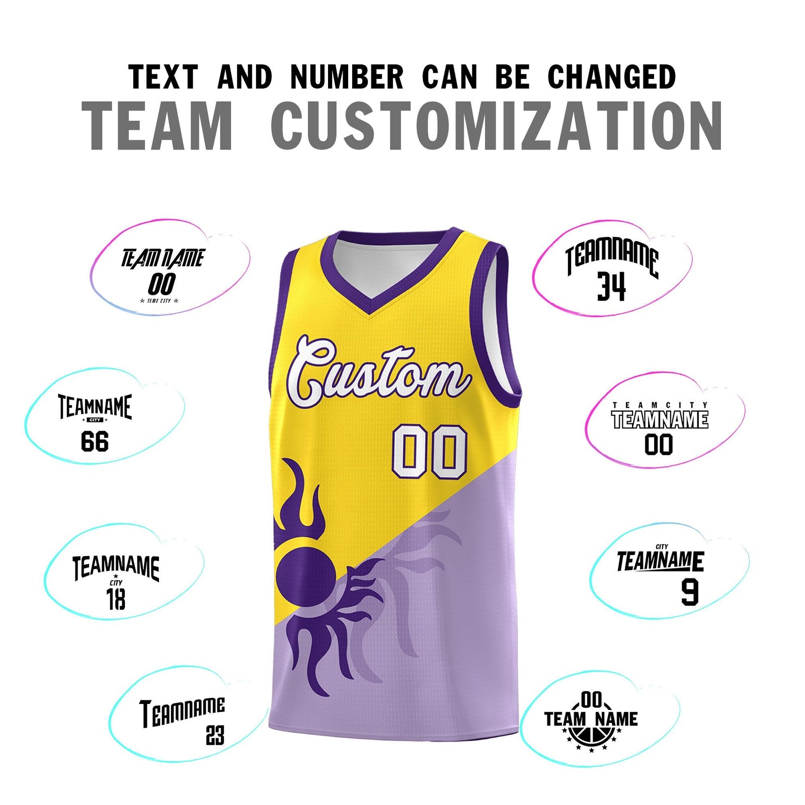 Custom Youth Basketball Jerseys - Light Purple Gold Sunburst Design Two Tone Uniforms
