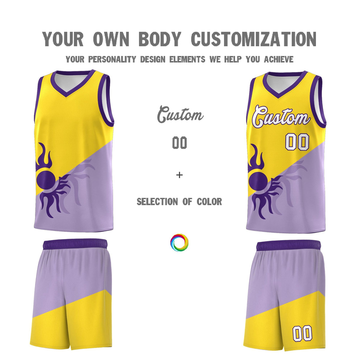 Custom Youth Basketball Jerseys - Light Purple Gold Sunburst Design Two Tone Uniforms