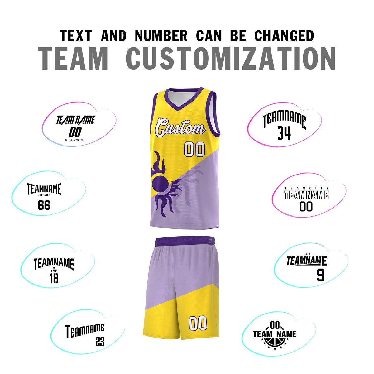 Custom Youth Basketball Jerseys - Light Purple Gold Sunburst Design Two Tone Uniforms