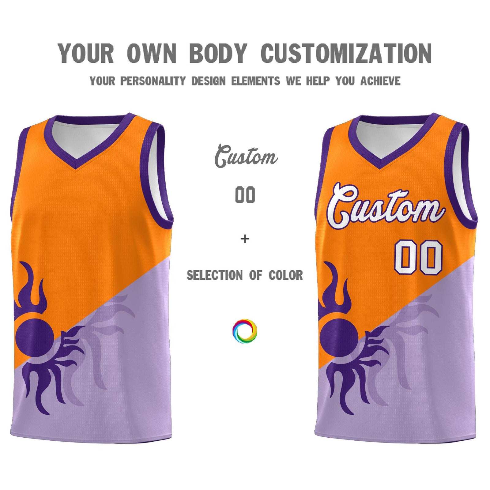 Custom Youth Basketball Jerseys - Light Purple Orange Radiant Sun Design Two Tone Uniforms
