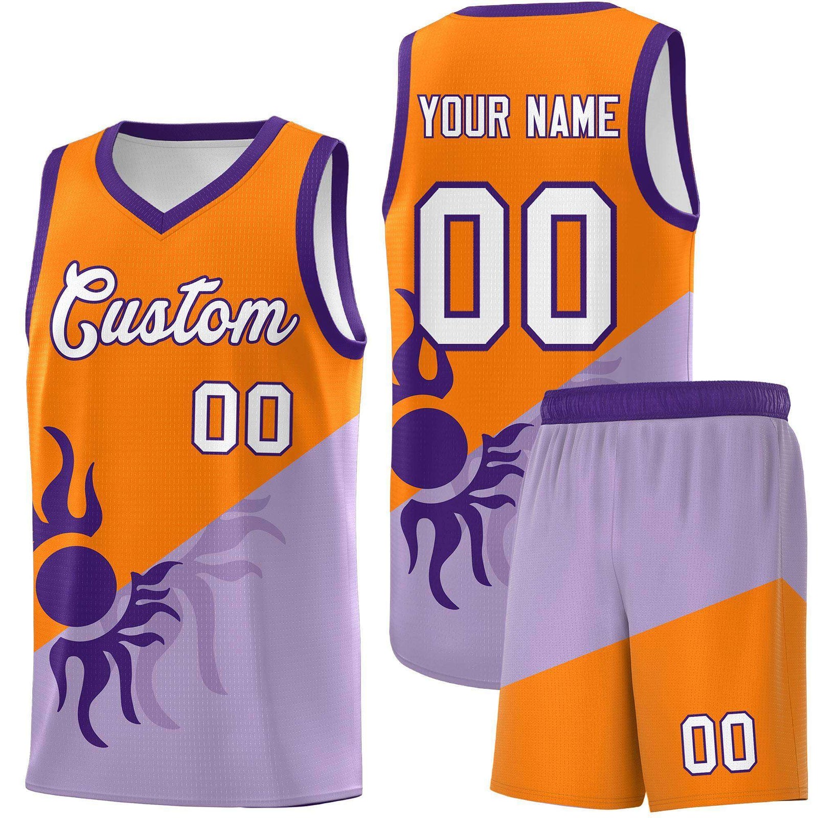 Custom Youth Basketball Jerseys - Light Purple Orange Radiant Sun Design Two Tone Uniforms
