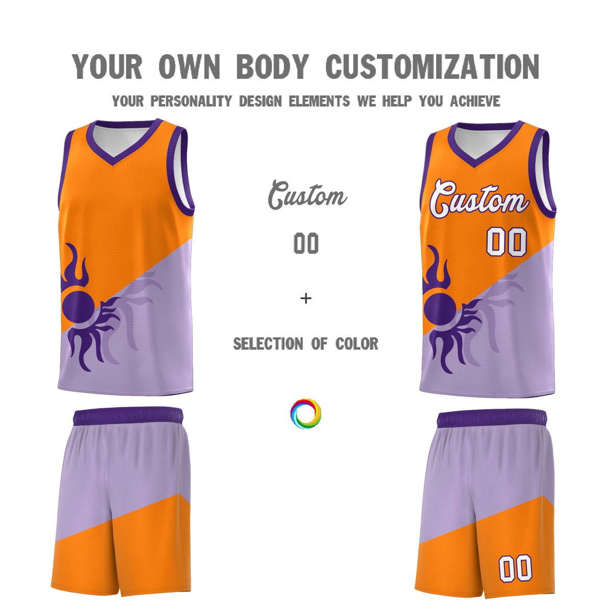 Custom Youth Basketball Jerseys - Light Purple Orange Radiant Sun Design Two Tone Uniforms