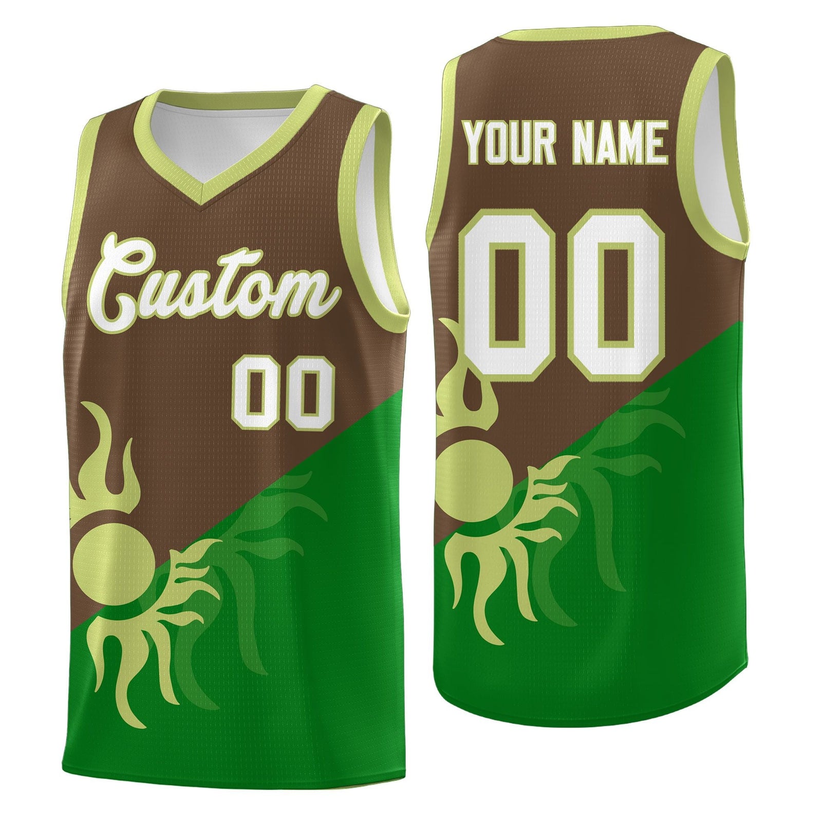 Custom Youth Basketball Jerseys - Kelly Green Light Brown Sunburst Design Two Tone Uniforms