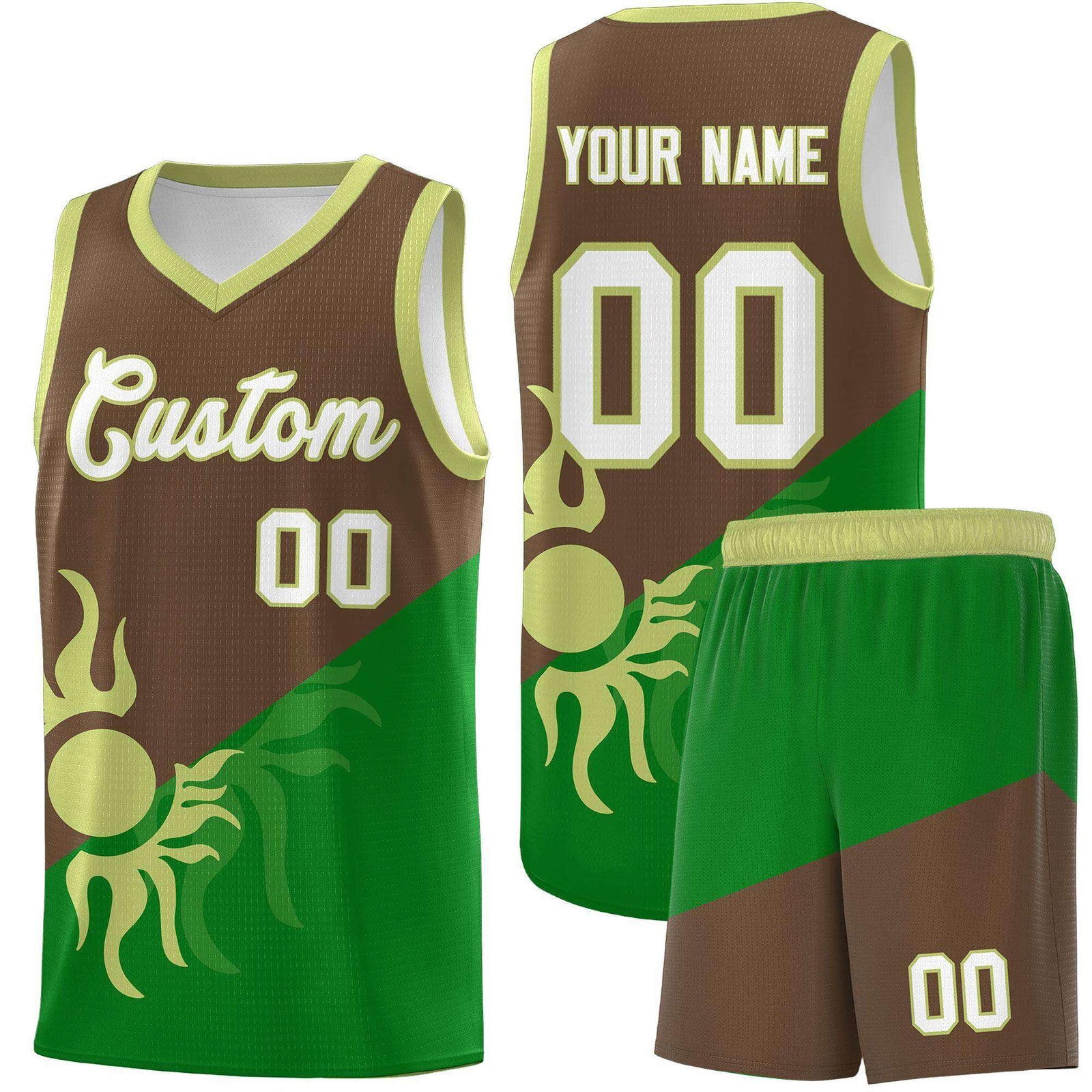 Custom Youth Basketball Jerseys - Kelly Green Light Brown Sunburst Design Two Tone Uniforms