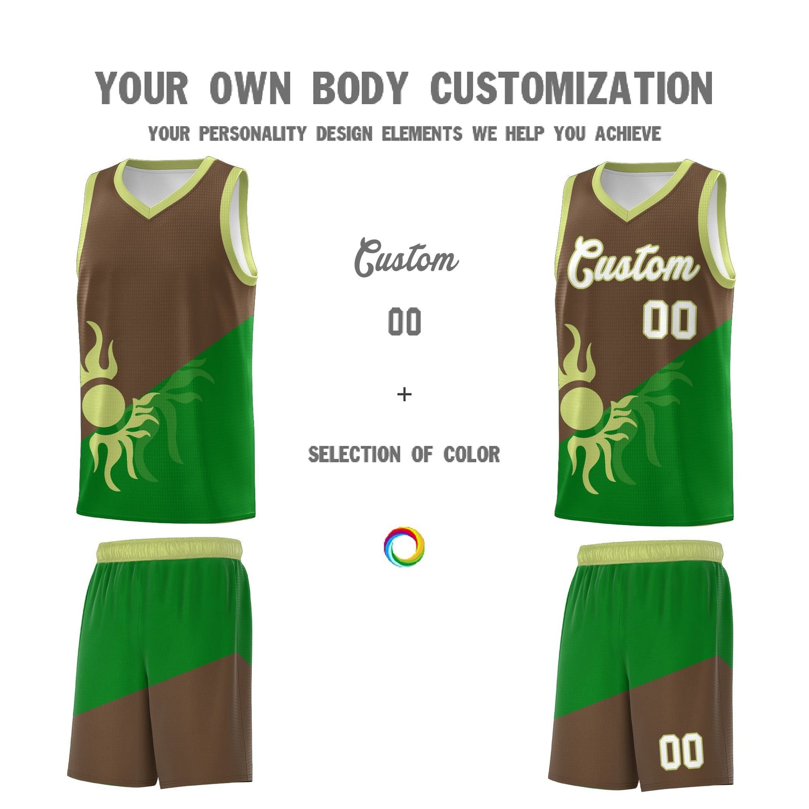 Custom Youth Basketball Jerseys - Kelly Green Light Brown Sunburst Design Two Tone Uniforms