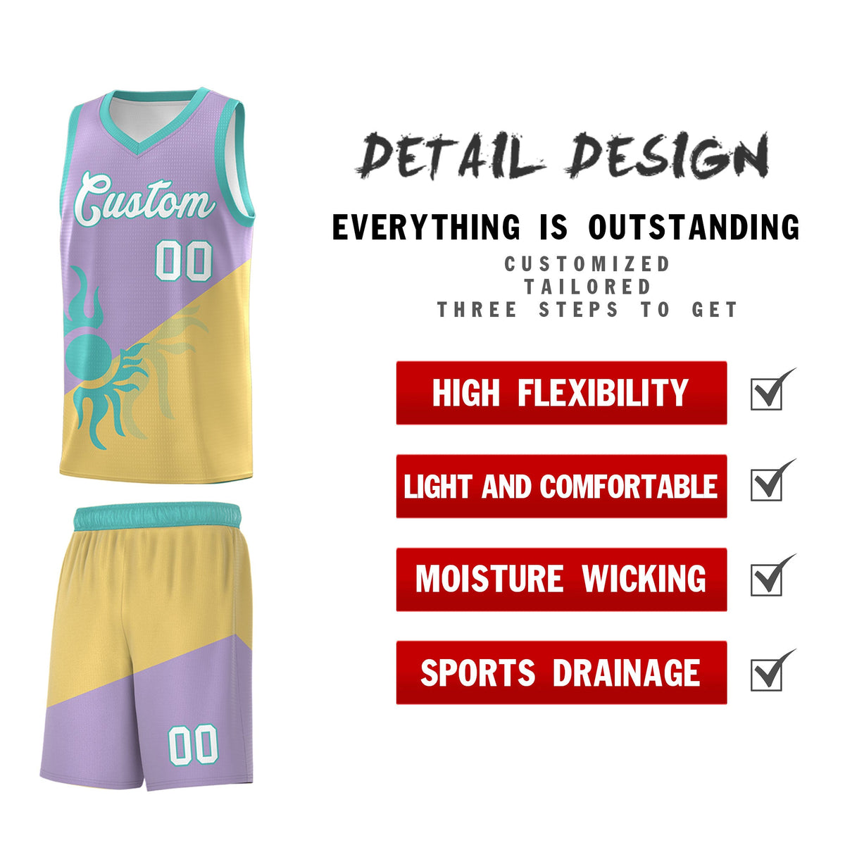 Custom Youth Basketball Jerseys - Light Purple Old Gold Radiant Sun Design Two Tone Uniforms