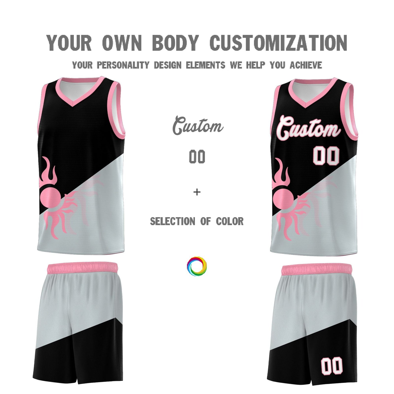Custom Youth Basketball Jerseys - Black Silver Radiant Sun Design Two Tone Uniforms