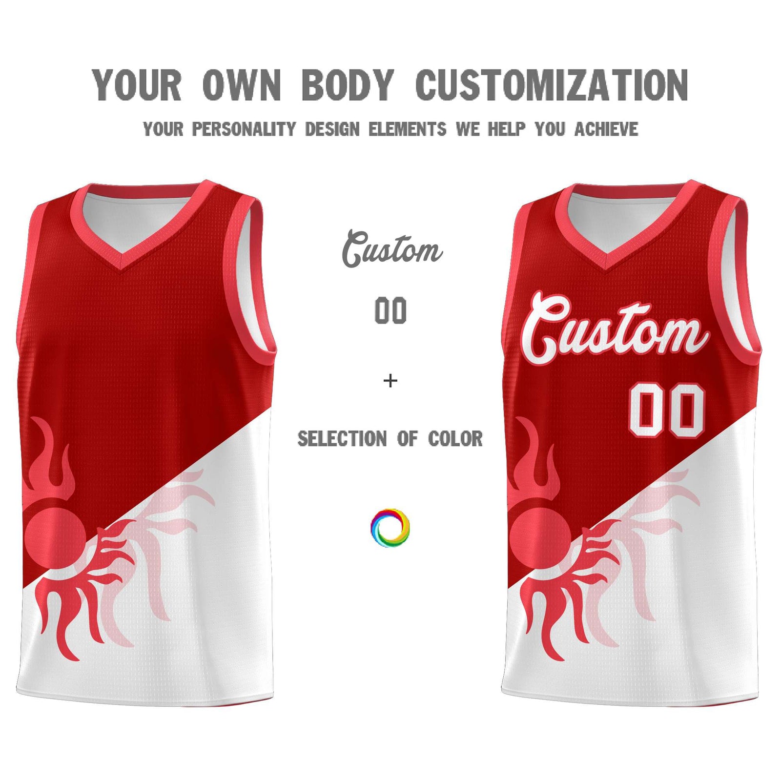 Custom Youth Basketball Jerseys - Red White Sunburst Design Two Tone Uniforms