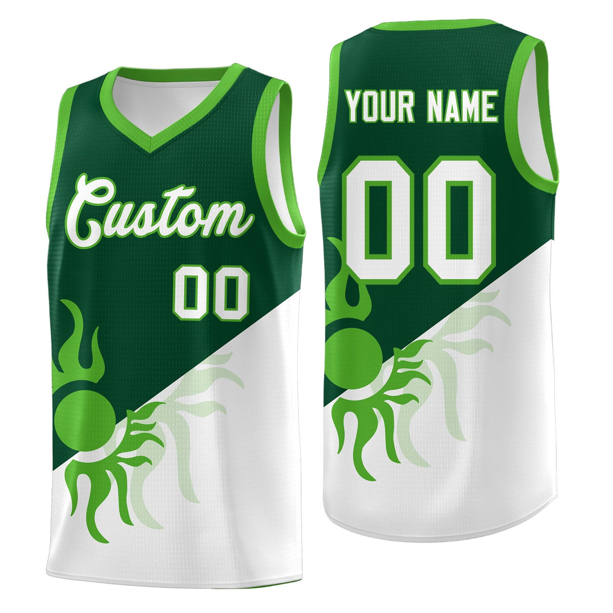 Custom Youth Basketball Jerseys - Kelly Green White Radiant Sun Design Two Tone Uniforms