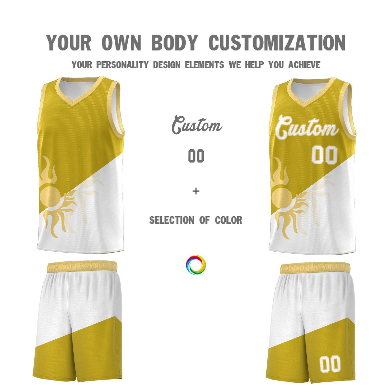 Custom Youth Basketball Jerseys - Old Gold White Radiant Sun Design Two Tone Uniforms
