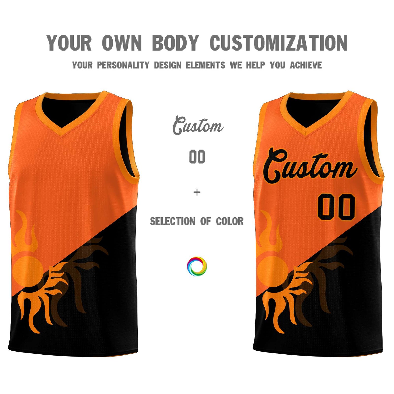 Custom Youth Basketball Jerseys - Orange Black Radiant Sun Design Two Tone Uniforms