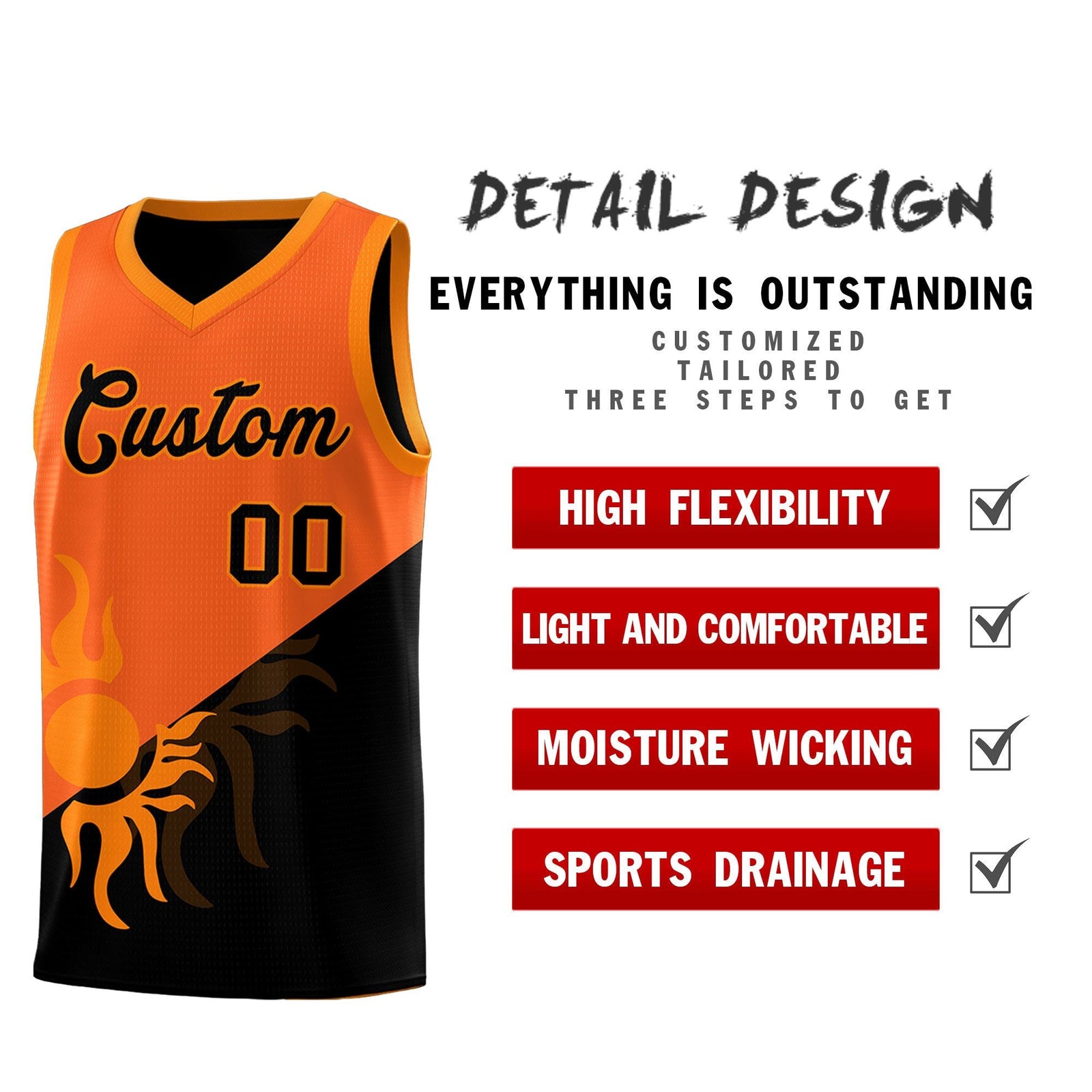 Custom Youth Basketball Jerseys - Orange Black Radiant Sun Design Two Tone Uniforms