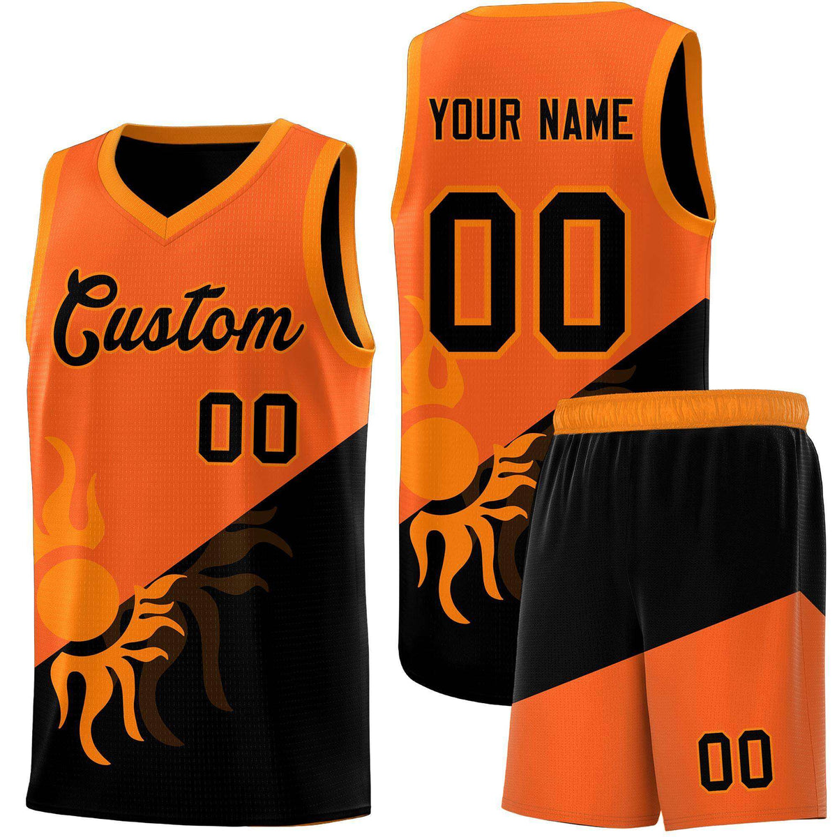 Custom Youth Basketball Jerseys - Orange Black Radiant Sun Design Two Tone Uniforms