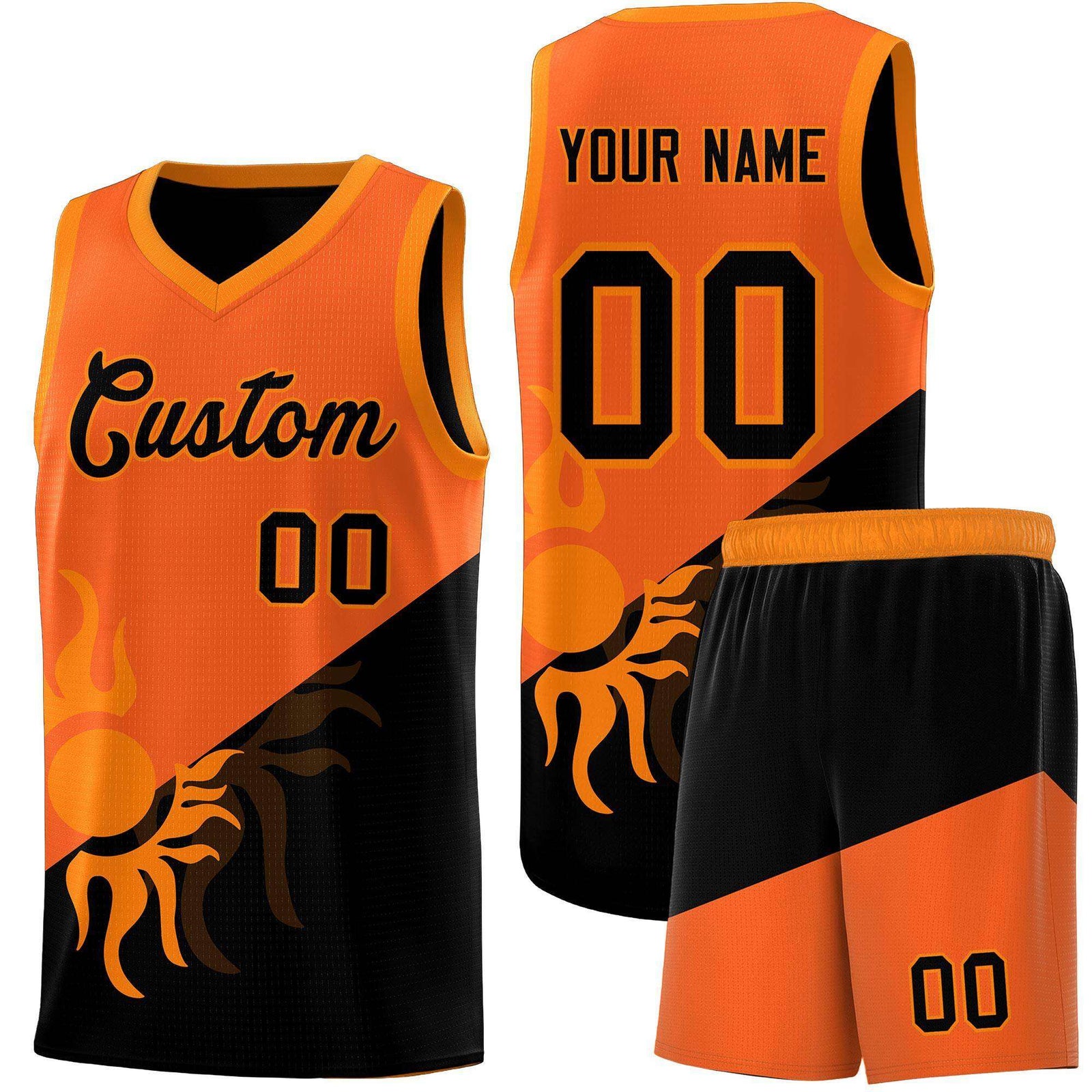 Custom Youth Basketball Jerseys - Orange Black Radiant Sun Design Two Tone Uniforms