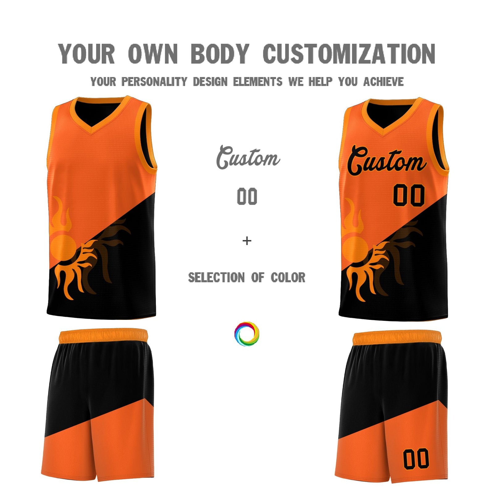 Custom Youth Basketball Jerseys - Orange Black Radiant Sun Design Two Tone Uniforms