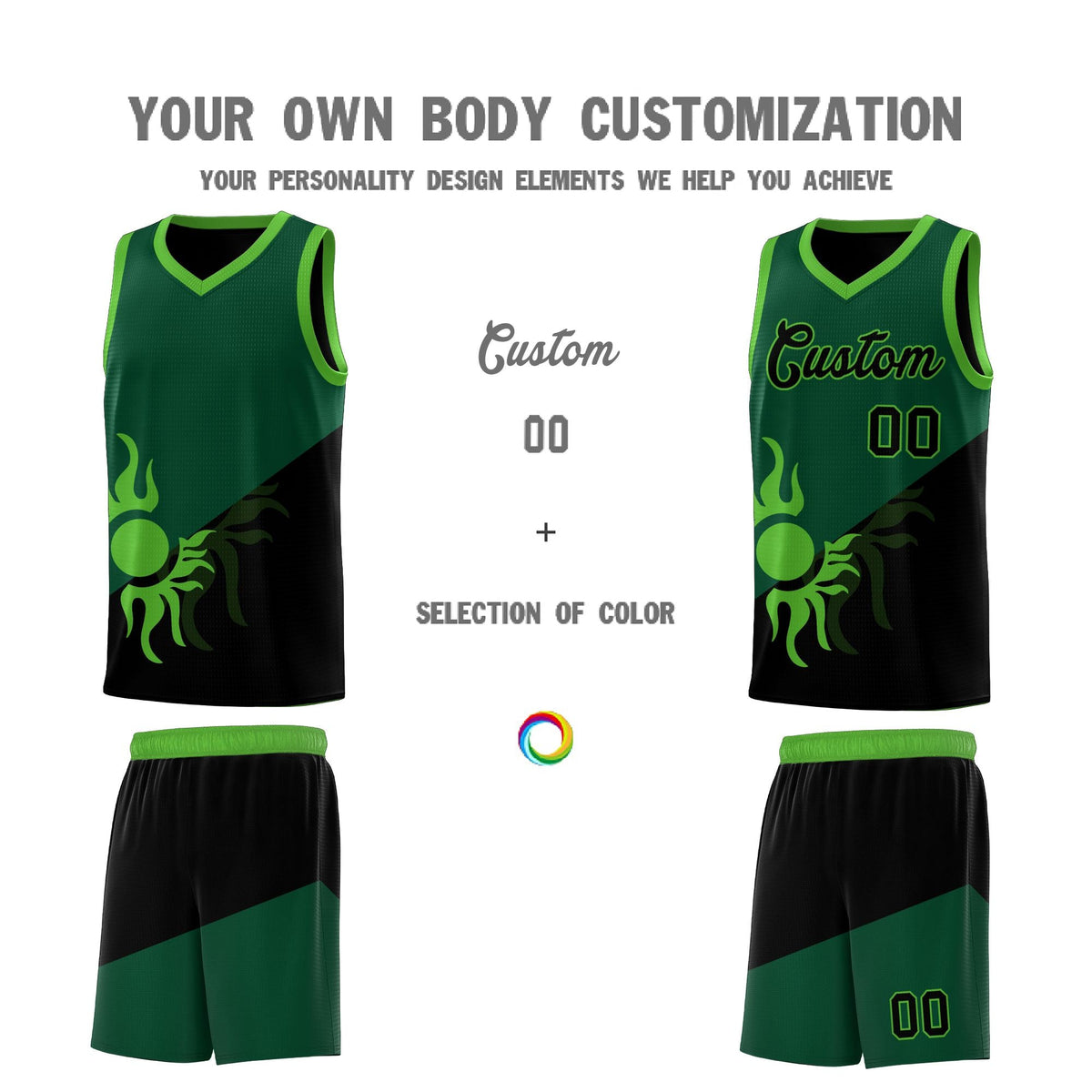 Custom Youth Basketball Jerseys - Kelly Green Black Radiant Sun Design Two Tone Uniforms