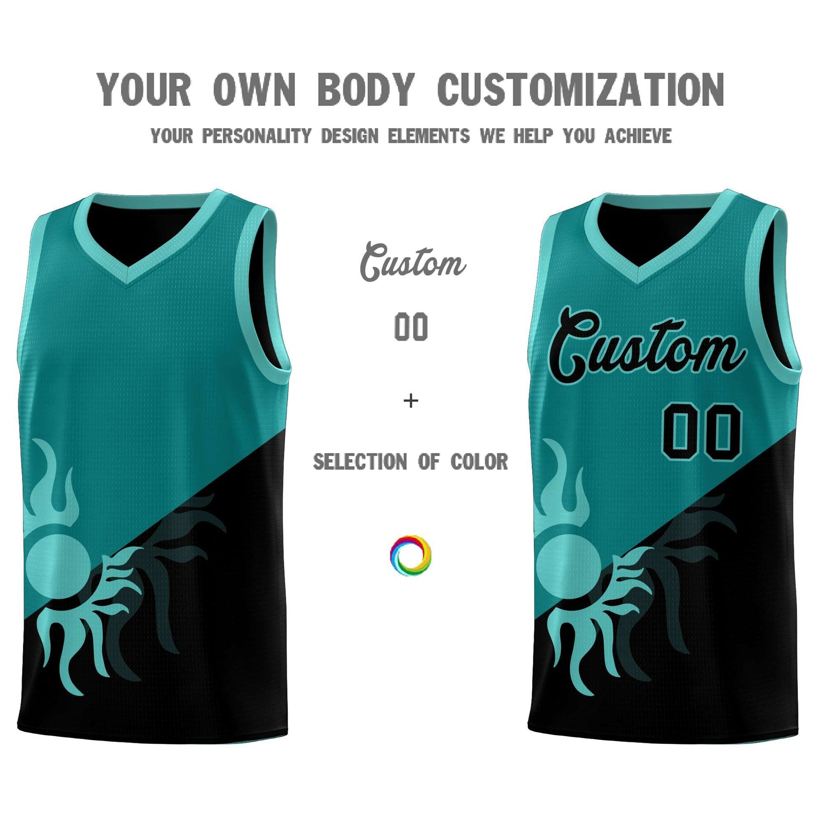 Custom Youth Basketball Jerseys - Teal Black Sunburst Design Two Tone Uniforms
