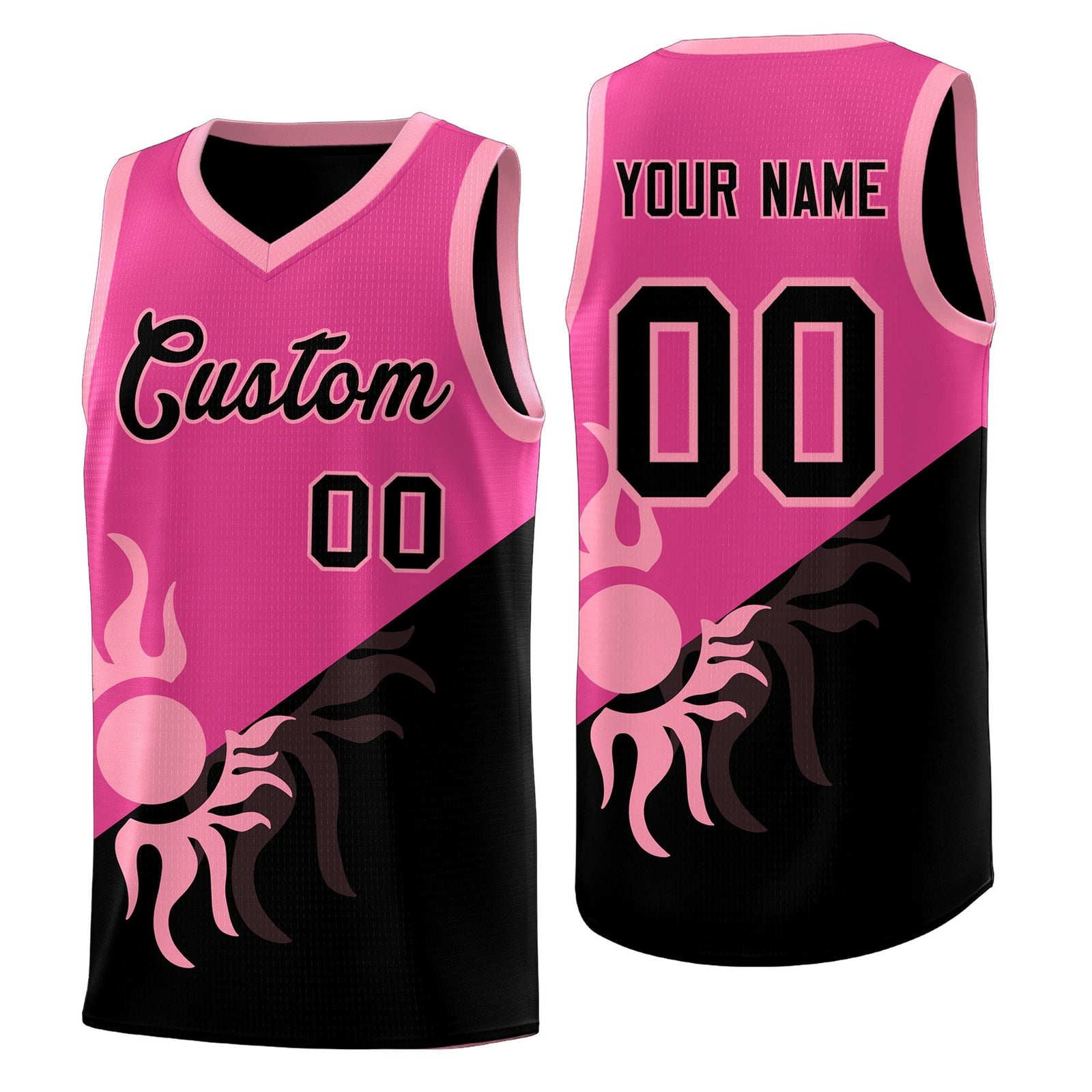 Custom Youth Basketball Jerseys - Rose Red Black Radiant Sun Design Two Tone Uniforms