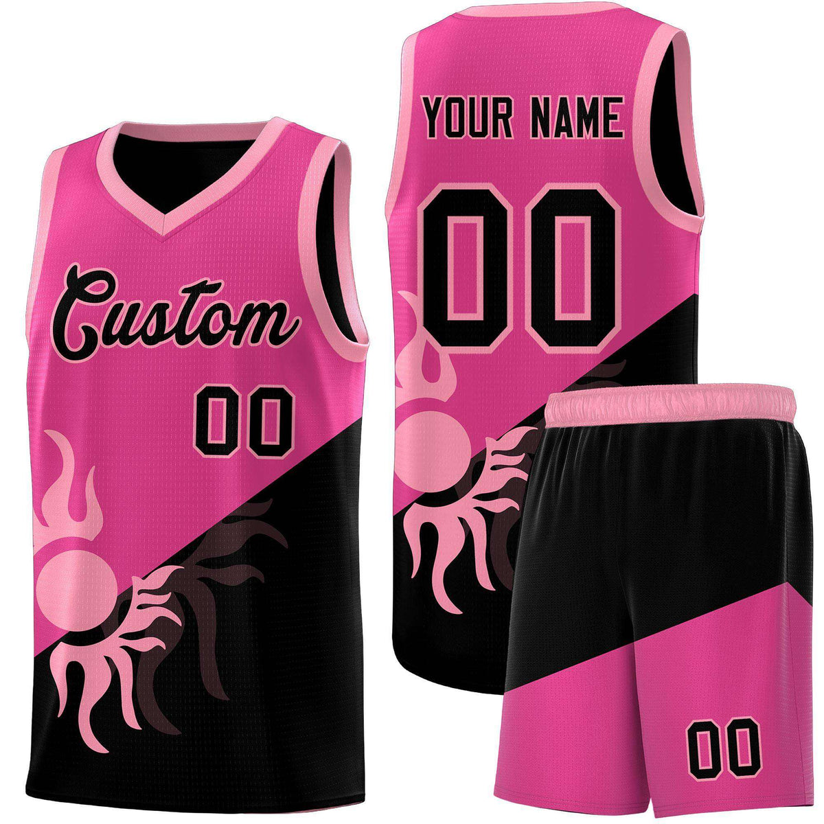 Custom Youth Basketball Jerseys - Rose Red Black Radiant Sun Design Two Tone Uniforms